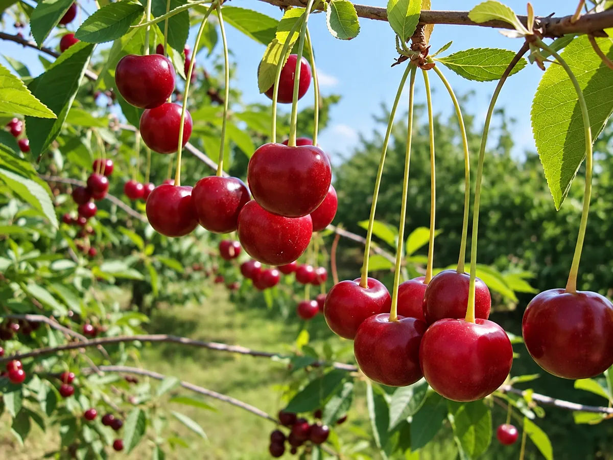 Cerejas maduras na árvore